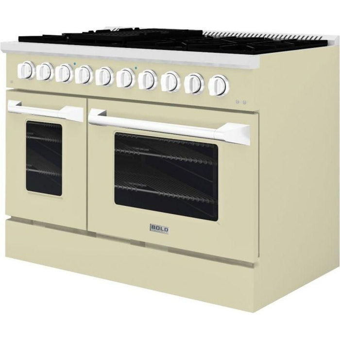 Hallman 48 In. Gas Range, Antique White with Chrome Trim - Bold Series, HBRG48CMAW