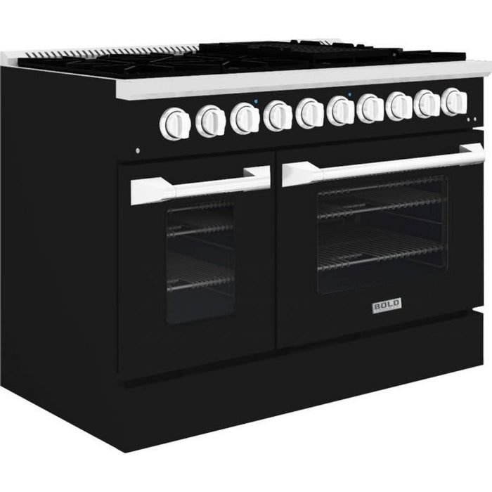 Hallman 48 In. Gas Range, Glossy Black with Chrome Trim - Bold Series, HBRG48CMGB