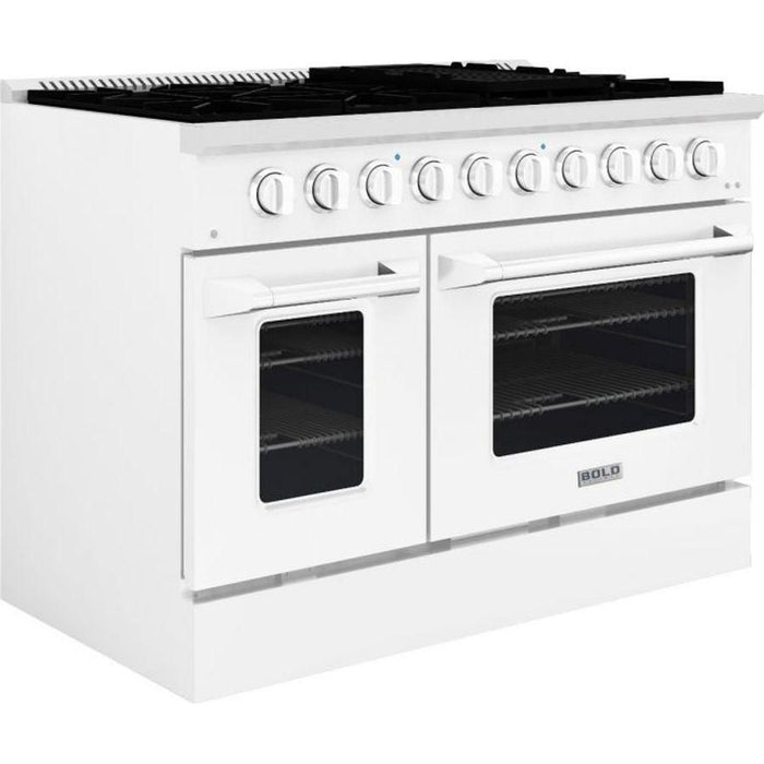 Hallman 48 In. Gas Range, White with Chrome Trim - Bold Series, HBRG48CMWT