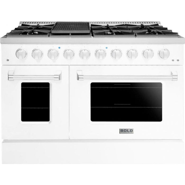 Hallman 48 In. Gas Range, White with Chrome Trim - Bold Series, HBRG48CMWT