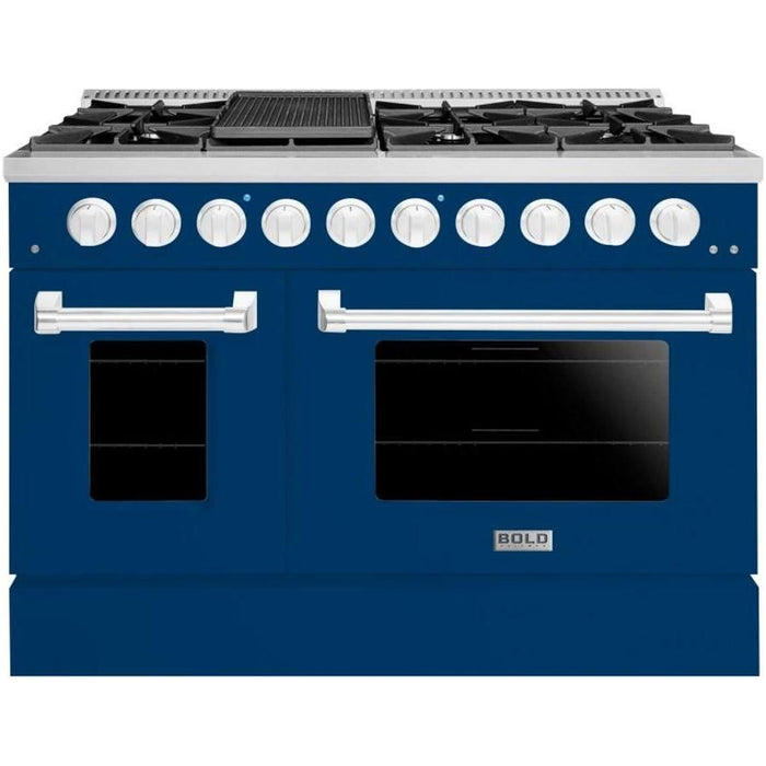 Hallman 48 In. Range with Propane Gas Burners and Electric Oven, Blue with Chrome Trim - Bold Series, HBRDF48CMBU-LP