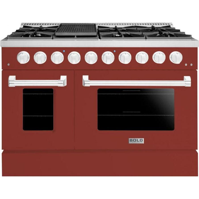 Hallman 48 In. Range with Propane Gas Burners and Electric Oven, Burgundy with Chrome Trim - Bold Series, HBRDF48CMBG-LP