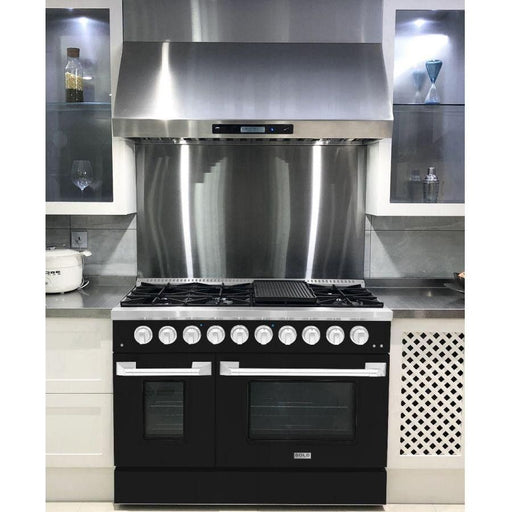 Hallman 48 In. Range with Propane Gas Burners and Electric Oven, Glossy Black with Chrome Trim - Bold Series, HBRDF48CMGB-LP