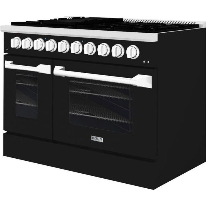 Hallman 48 In. Range with Propane Gas Burners and Electric Oven, Glossy Black with Chrome Trim - Bold Series, HBRDF48CMGB-LP