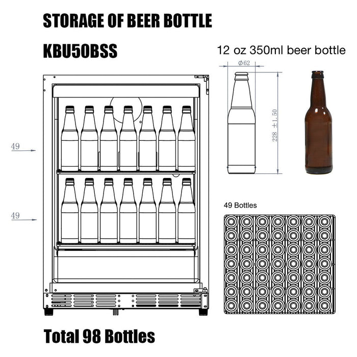 KingsBottle 24 Inch Built-In Beverage Cooler Fridge with Energy Efficient Compressor