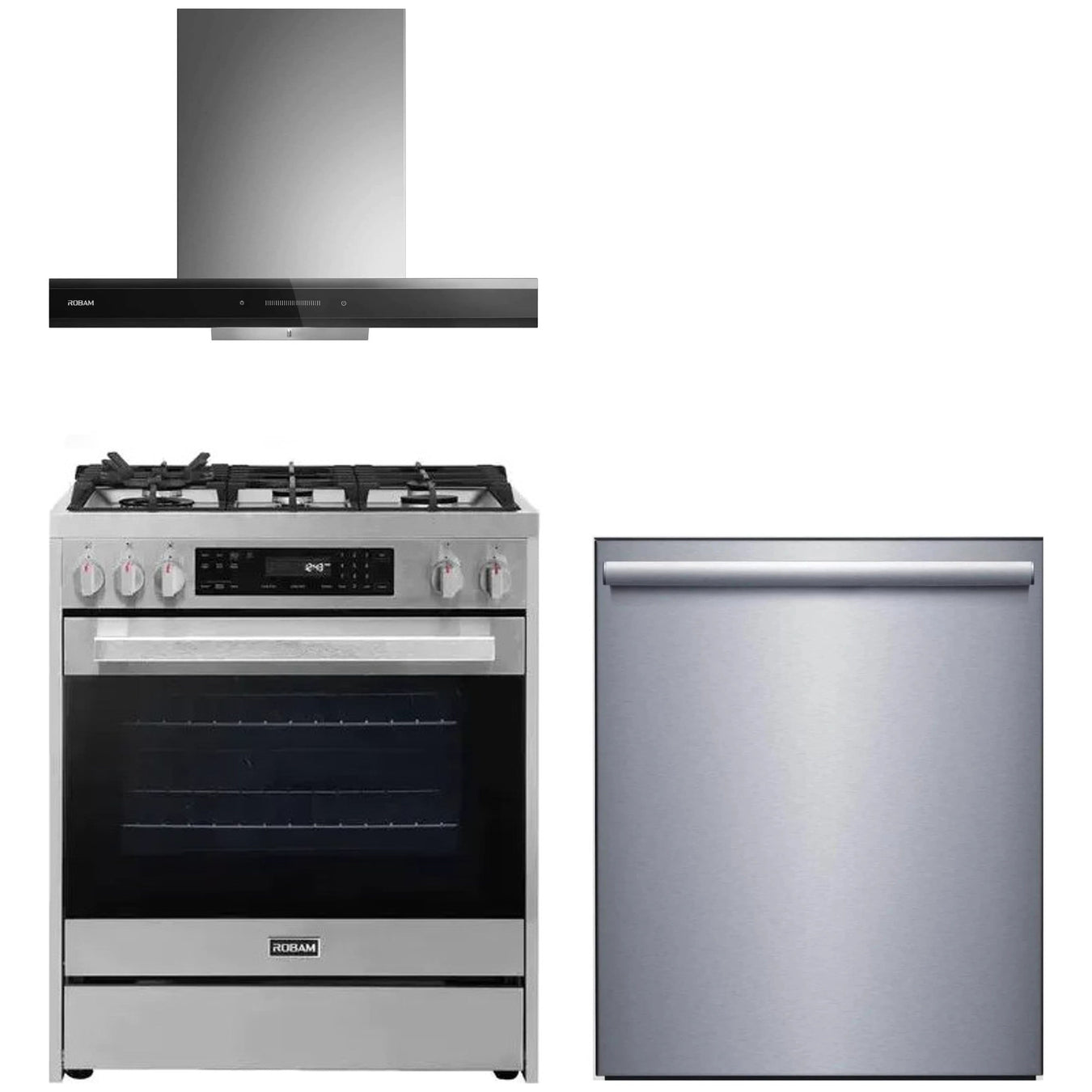 Robam 3-Piece Appliance Package - 30-Inch 5 Cu. Ft. Oven Freestanding Gas Range, Under Cabinet/Wall Mounted Range Hood and Dishwasher in Stainless Steel