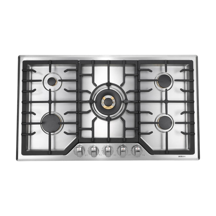 Robam 5-Piece Appliance Package - 36-Inch 5 Burners Gas Cooktop, Wall Mounted Range Hood, Dishwasher, Wall Oven, and Steam Combi Oven in Stainless Steel