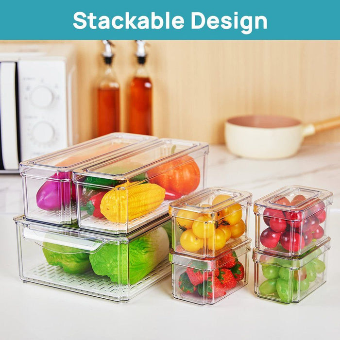 Home Appliance Paradise Set of 7 Refrigerator Organizer Bins,  Fruit Containers for Fridge with Drain Tray for Vegetables, Food, Drinks
