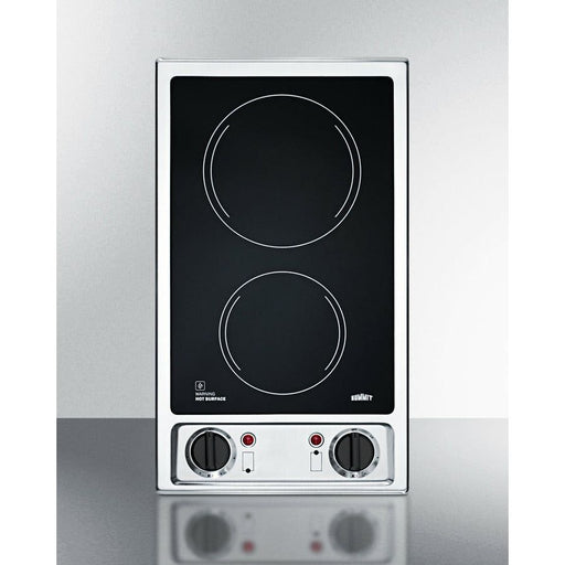 Summit Cooktops Black Summit 12" Wide 115V 2-Burner Radiant Cooktop with 2 Elements, Hot Surface Indicator, ADA Compliant, ETL Safety Listed, Glass Ceramic Surface, Push-to-Turn Knobs - CR2B120