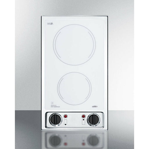 Summit Cooktops White Summit 12" Wide 115V 2-Burner Radiant Cooktop with 2 Elements, Hot Surface Indicator, ADA Compliant, ETL Safety Listed, Glass Ceramic Surface, Push-to-Turn Knobs - CR2B120