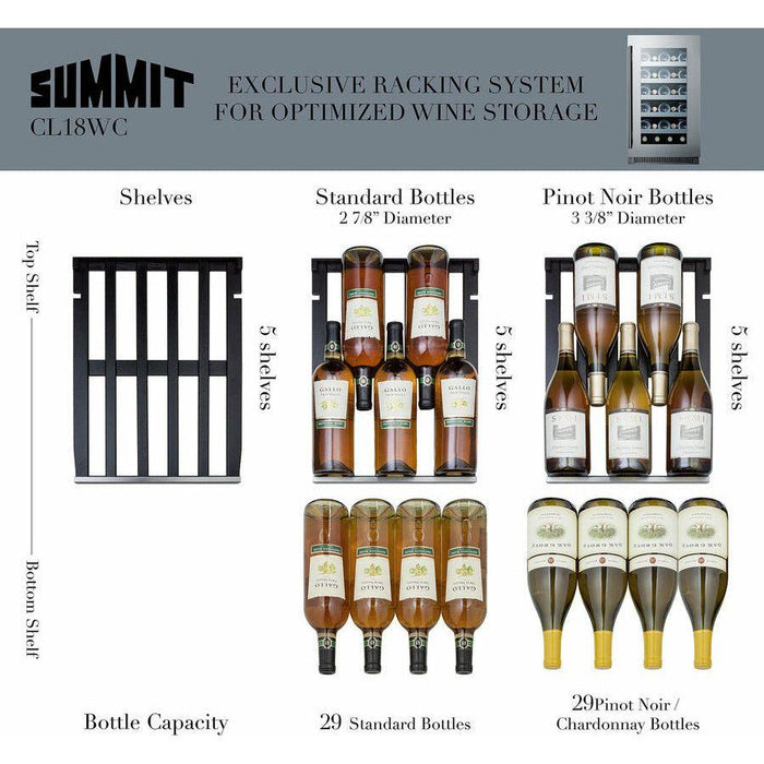 Summit Wine Coolers Summit 18" Wide Built-In Wine Cellar with 29 Bottle Capacity, Glass Door, Extension Wine Racks, LED Light, Digital Thermostat - CL18WC