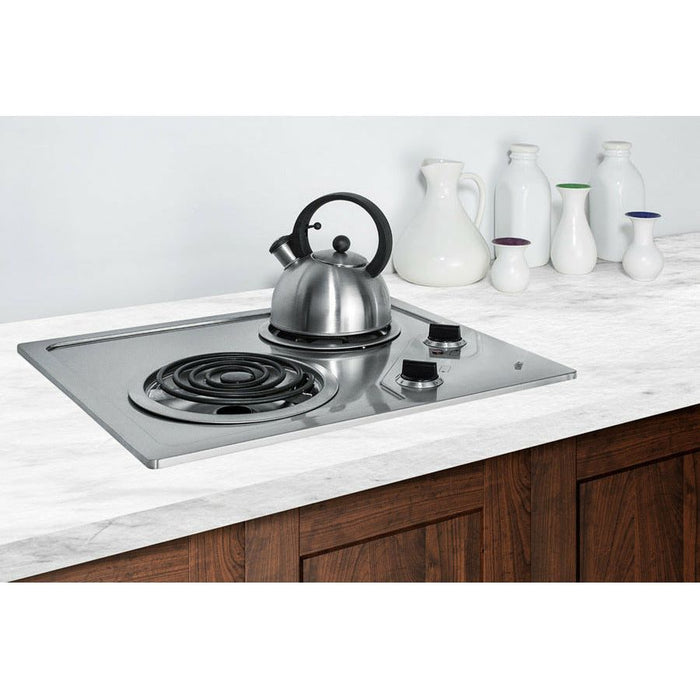 Summit Cooktops Summit 21" Wide 115V 2-Burner Coil Cooktop with 2 Elements, Hot Surface Indicator, ADA Compliant, ETL Safety Listed, Push-to-Turn Knobs in Stainless Steel - CR2B122