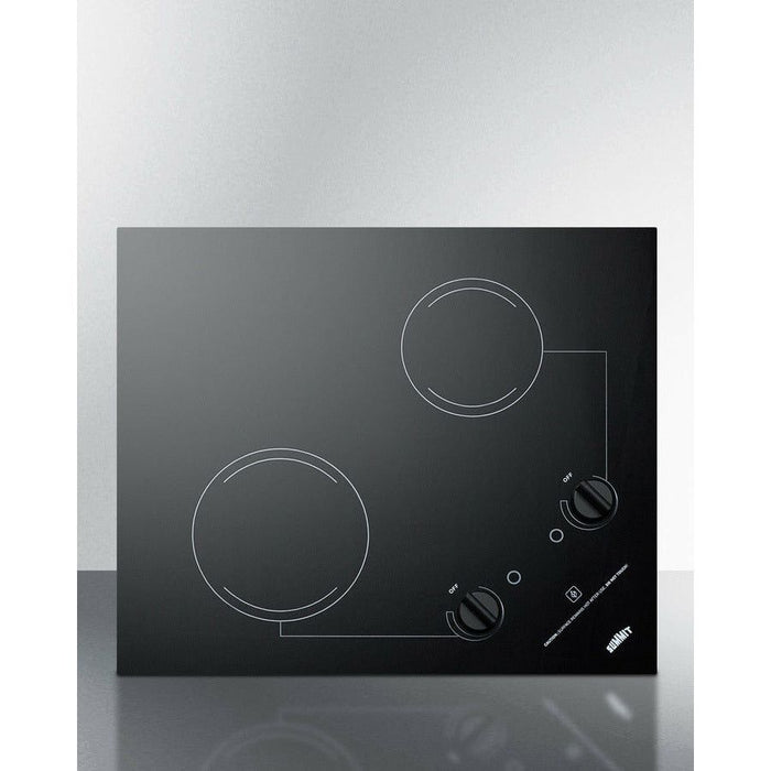 Summit Cooktops Summit 21" Wide 230V 2-Burner Radiant Cooktop with 2 Elements, Hot Surface Indicator, ADA Compliant, ETL Safety Listed, Glass Ceramic Surface, Push-to-Turn Knobs, ETL, Residual Heat Indicator Light in Black - CR2B223G