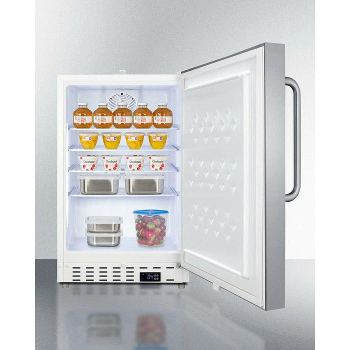 Summit Refrigerators Summit 21" Wide Built-In Commercial All-Refrigerator, ADA Compliant with 3.32 cu. ft. Capacity, 4 Wire Shelves, Right Hinge with Door Lock, Crisper Drawer, Automatic Defrost ADA Compliant, Factory Installed Lock, CFC Free - SCR504SSTBADA