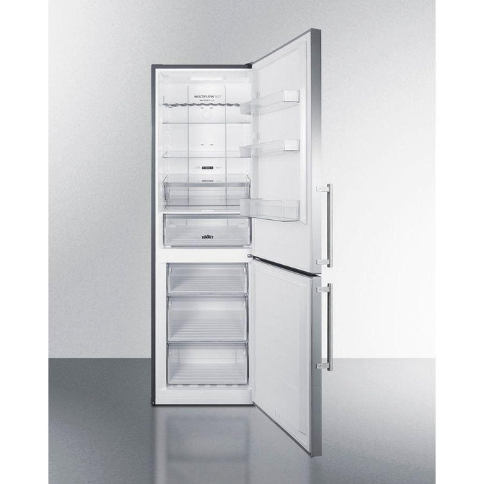 Summit 24 in. Wide Bottom Freezer Refrigerator with 10.6 cu. ft. Total Capacity, 3.5 cu. ft. Freezer Capacity, 3 Glass Shelves, Crisper Drawer, Right Hinge, Frost Free Defrost, Energy Star Certified, Adjustable Glass Shelves - FFBF249SS2