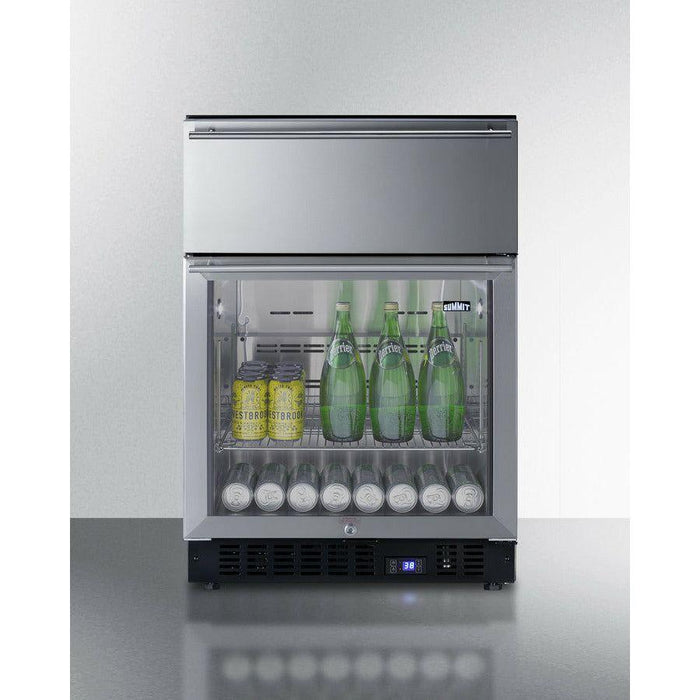 Summit 24 in. Wide Built-In Commercial Beverage Refrigerator With 4.76 cu. ft. Capacity, Top Drawer, Cantilevered Chrome Shelves, Double-Pane Tempered Glass Door - SCR615TD