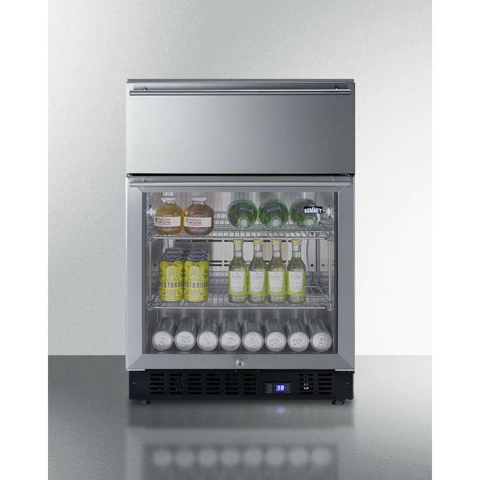 Summit 24 in. Wide Built-In Commercial Beverage Refrigerator With 4.76 cu. ft. Capacity, Top Drawer, Cantilevered Chrome Shelves, Double-Pane Tempered Glass Door - SCR615TD