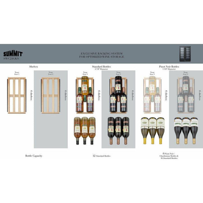 Summit 24 in. Wide Built-In Wine Cellar with 42 Bottle Capacity, Both Hinge, Glass Door, 12 Extension Wine Racks, Digital Control, LED Light, Compressor Cooling, Digital Thermostat, Built-In capable, Dual Zone, Wooden shelves - SWC24GKS