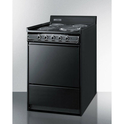 Summit 24 in. Wide Electric Coil Range with 4 Coil Elements, 2.92 cu. ft. Capacity, Chrome Drip Pans and Storage Compartment in Black - TEM610C