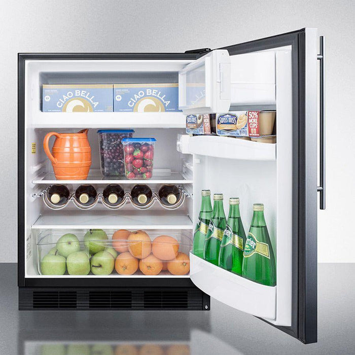 Summit 24 in. Wide Refrigerator-Freezer with 5.1 cu. ft. Capacity, 2 Glass Shelves, Right Hinge, Crisper Drawer, Cycle Defrost, Cycle Defrost, Adjustable Glass Shelves, Adjustable Thermostat, CFC Free - CT663BKSSH