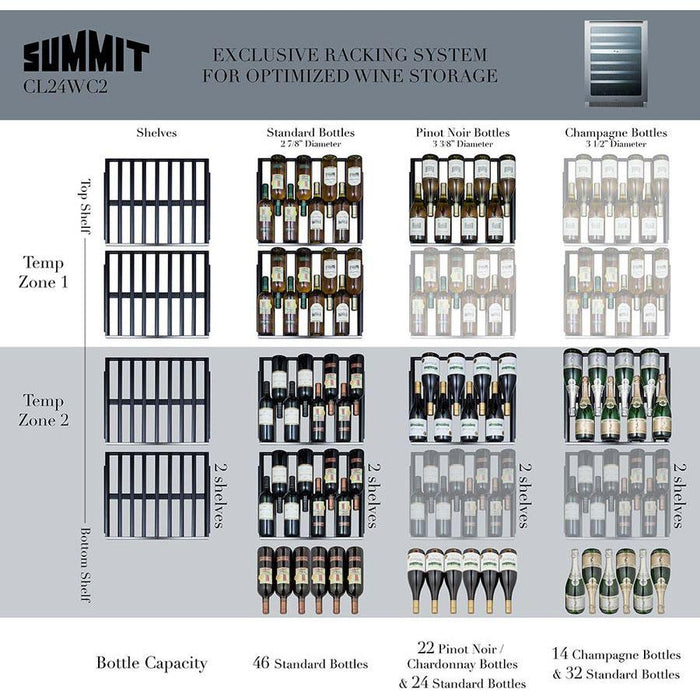 Summit Wine Coolers Summit 24" Wide 46 Bottle Dual Zone Stainless Steel Built-In Wine Refrigerator - CL24WC2