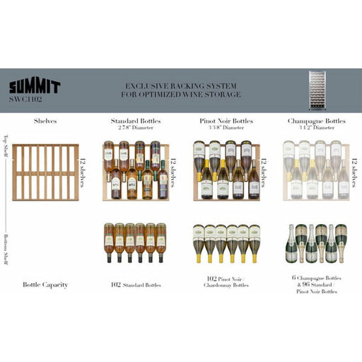 Summit Wine Coolers Summit 24" Wide Wine Cellar with 102 Bottle Capacity, Right Hinge, Glass Door, With Lock, 12 Adjustable Wine Racks, Digital Control, LED Light, Compressor Cooling - SWC1102