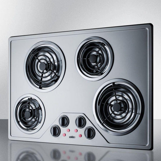 Summit 30 in. Wide 230V 4-Burner Coil Cooktop with 4 Elements, Hot Surface Indicator, ADA Compliant, Push-to-Turn Knobs in Stainless Steel - CR430SS