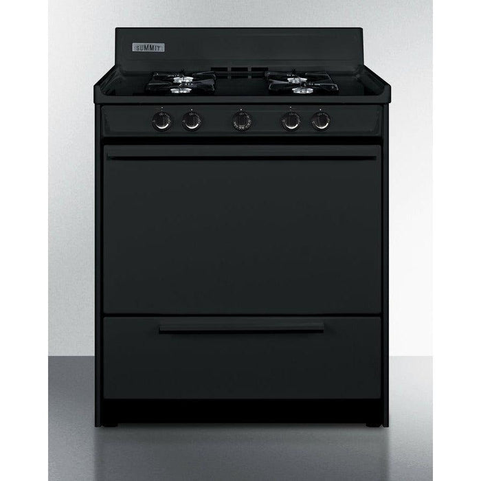 Summit 30 in. Wide Gas Range, Open Burners with 4-Open Burners, 3.69 Cu. Ft. Oven Capacity, Porcelain Cooktop, 2-Wire Racks, Push-To-Turn Knobs, Electronic Ignition - TNM2107C