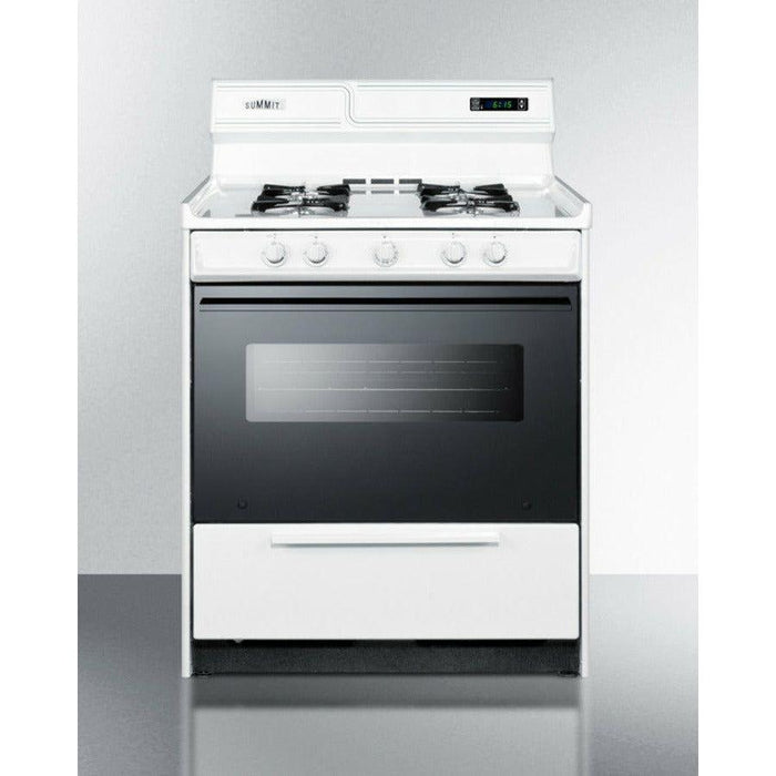 Summit 30 in. Wide Gas Range with Manual Clean, Black Glass See-Thru Door, Electronic Ignition and Clock w/ Timer - WNM2307