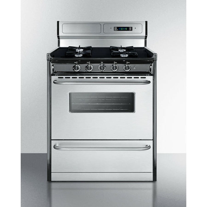 Summit Ranges Summit 30" Wide Gas Range, Open Burners with Natural Gas, 4 Open Burners, 3.69 cu. ft. Total Oven Capacity, Viewing Window, Broiler Drawer - TNM2