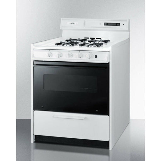 Summit Ranges Summit 30" Wide Gas Range with Manual Clean, Black Glass See-Thru Door, Electronic Ignition and Clock w/ Timer - WNM2307