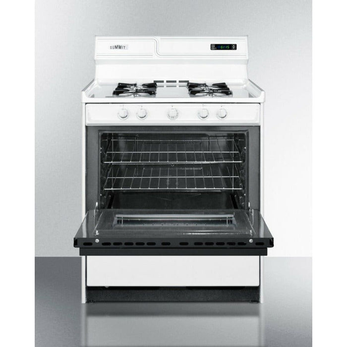 Summit Ranges Summit 30" Wide Gas Range with Manual Clean, Black Glass See-Thru Door, Electronic Ignition and Clock w/ Timer - WNM2307