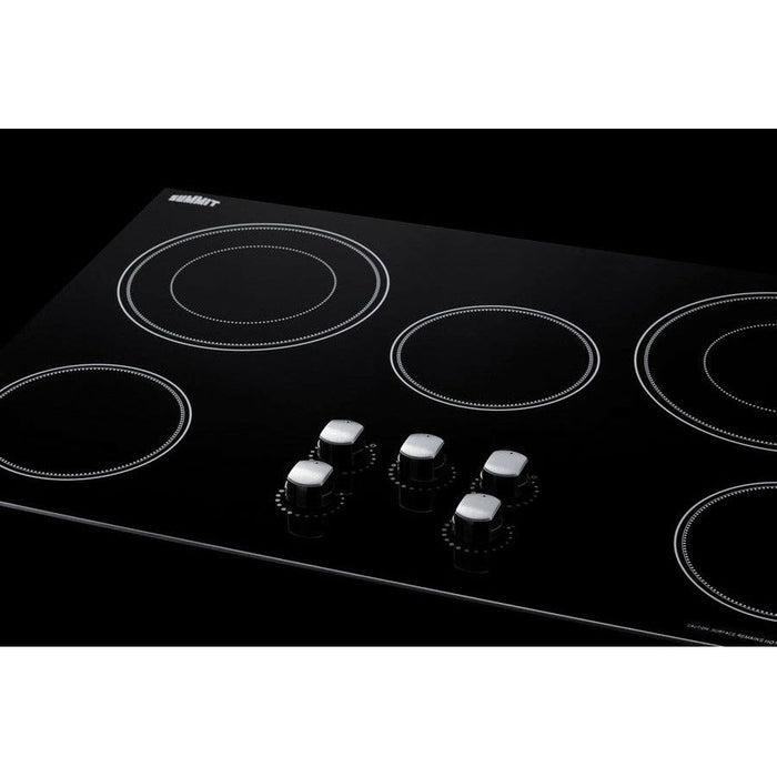 Summit Cooktops Summit 36" Wide 208-240V 5-Burner Radiant Cooktop with 5 Elements, Hot Surface Indicator, ADA Compliant, ETL Safety Listed, Push-to-Turn Knobs, ETL, Residual Heat Indicator Light, EuroKera Glass Surface in Black - CR5B36MB