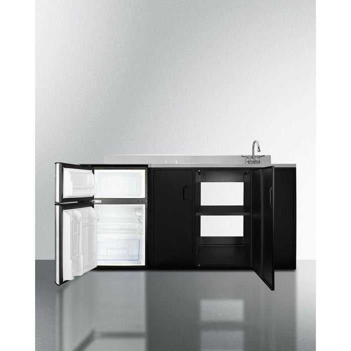 Summit 72 in. All-In-One Kitchenette with 3.2 cu. ft. Refrigerator-Freezer, 2 Element Electric Cooktop, Sink and Storage Cabinet in Black - CK72ADASINK