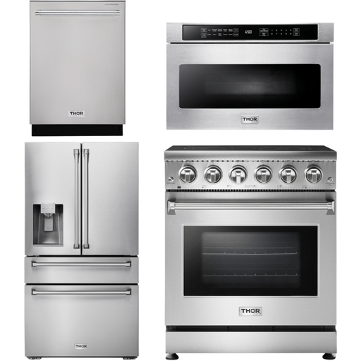 Thor Kitchen Kitchen Appliance Packages Thor Kitchen 30 In. Electric Range, Microwave Drawer, Counter-Depth Refrigerator with Water and Ice Dispenser, Dishwasher Appliance Package