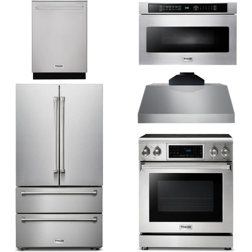 Thor Kitchen 30 In. Electric Range, Range Hood, Microwave Drawer, Refrigerator, Dishwasher Appliance Package