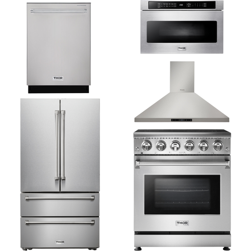 Thor Kitchen 30 In. Electric Range, Range Hood, Microwave Drawer, Refrigerator, Dishwasher Appliance Package