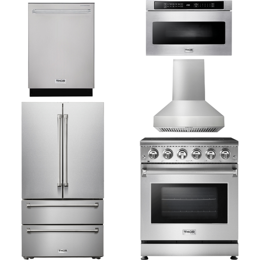 Thor Kitchen 30 In. Electric Range, Range Hood, Microwave Drawer, Refrigerator, Dishwasher Appliance Package