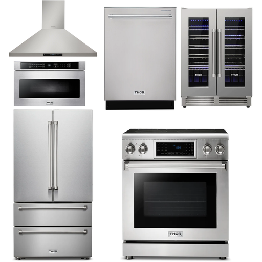 Thor Kitchen 30 In. Electric Range, Range Hood, Microwave Drawer, Refrigerator, Dishwasher, Wine Cooler Appliance Package