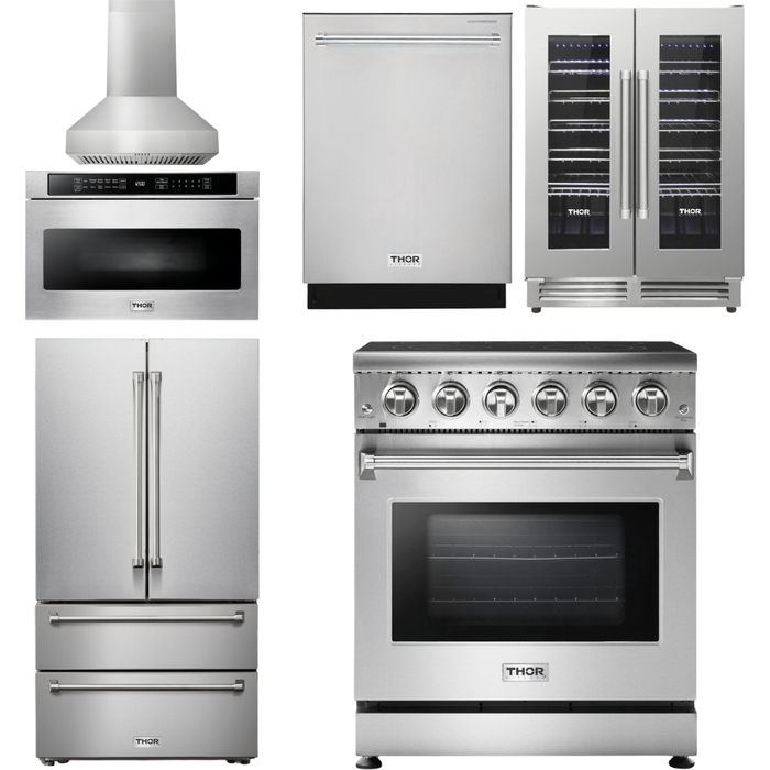 Thor Kitchen 30 In. Electric Range, Range Hood, Microwave Drawer, Refrigerator, Dishwasher, Wine Cooler Appliance Package