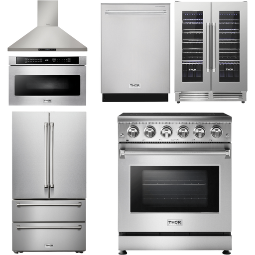 Thor Kitchen Kitchen Appliance Packages Thor Kitchen 30 In. Electric Range, Range Hood, Microwave Drawer, Refrigerator, Dishwasher, Wine Cooler Appliance Package