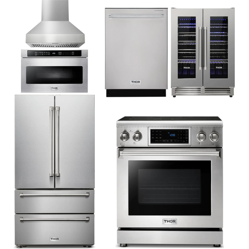 Thor Kitchen Kitchen Appliance Packages Thor Kitchen 30 In. Electric Range, Range Hood, Microwave Drawer, Refrigerator, Dishwasher, Wine Cooler Appliance Package