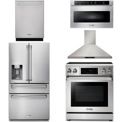 Thor Kitchen 30 In. Electric Range, Range Hood, Microwave Drawer, Refrigerator with Water and Ice Dispenser, Dishwasher Appliance Package