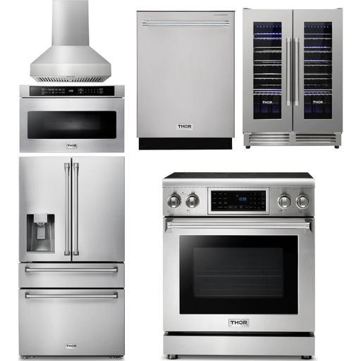 Thor Kitchen 30 In. Electric Range, Range Hood, Microwave Drawer, Refrigerator with Water and Ice Dispenser, Dishwasher, Wine Cooler Appliance Package