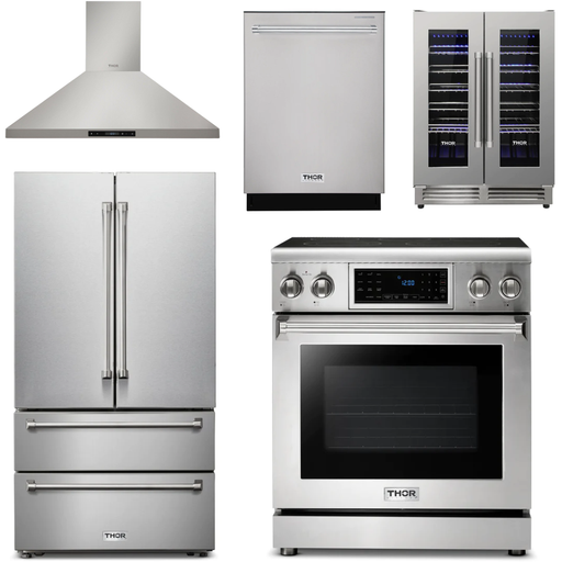 Thor Kitchen 30 In. Electric Range, Range Hood, Refrigerator, Dishwasher, Wine Cooler Appliance Package