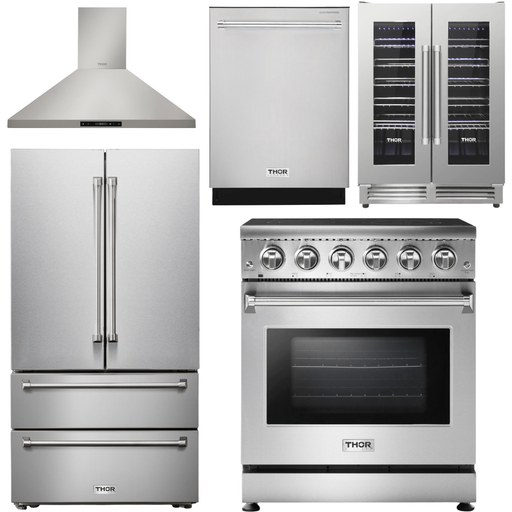 Thor Kitchen 30 In. Electric Range, Range Hood, Refrigerator, Dishwasher, Wine Cooler Appliance Package