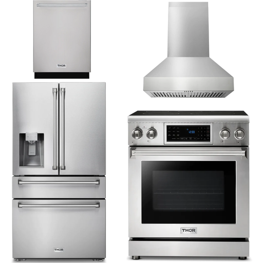 Thor Kitchen 30 In. Electric Range, Range Hood, Refrigerator with Water and Ice Dispenser, Dishwasher Appliance Package