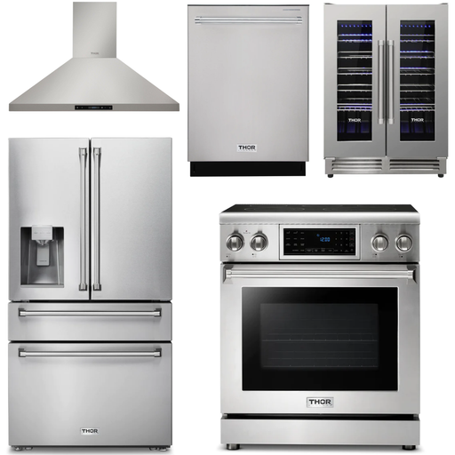 Thor Kitchen Kitchen Appliance Packages Thor Kitchen 30 In. Electric Range, Range Hood, Refrigerator with Water and Ice Dispenser, Dishwasher, Wine Cooler Appliance Package