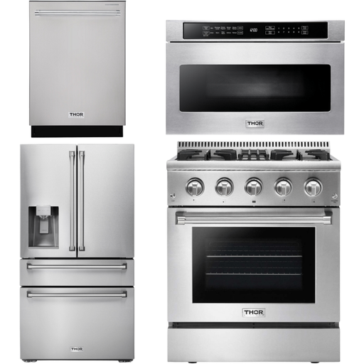 Thor Kitchen Kitchen Appliance Packages Thor Kitchen 30 in. Gas Burner/Electric Oven Range, Microwave Drawer, Refrigerator with Water and Ice Dispenser, Dishwasher Appliance Package