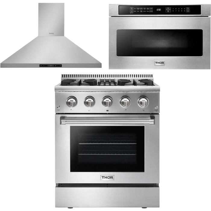 Thor Kitchen 30 in. Gas Burner/Electric Oven Range, Range Hood, Microwave Drawer Appliance Package